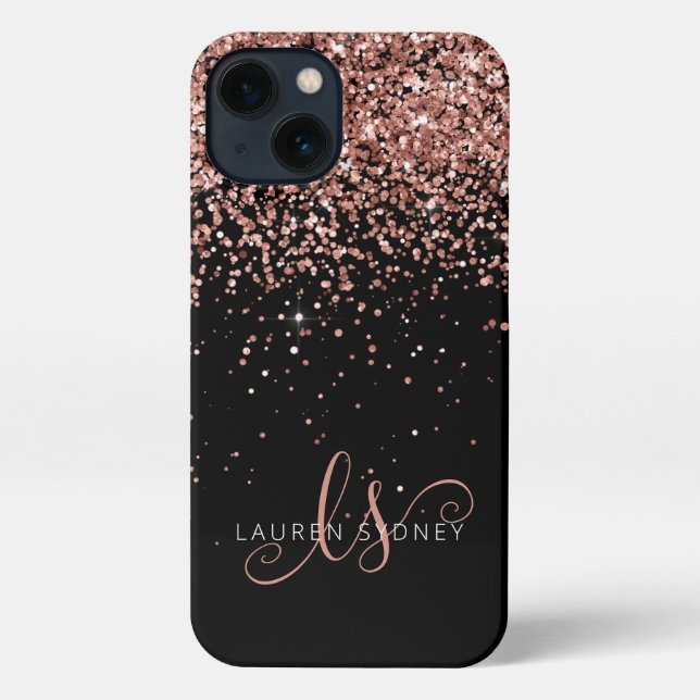 Glam Rose Gold Glitter Elegant Monogram iPhone Case (Back)