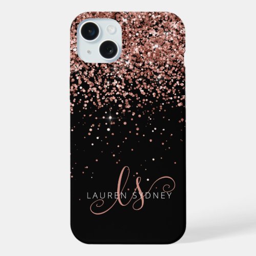 Glam Rose Gold Glitter Elegant Monogram iPhone 15 Plus Case