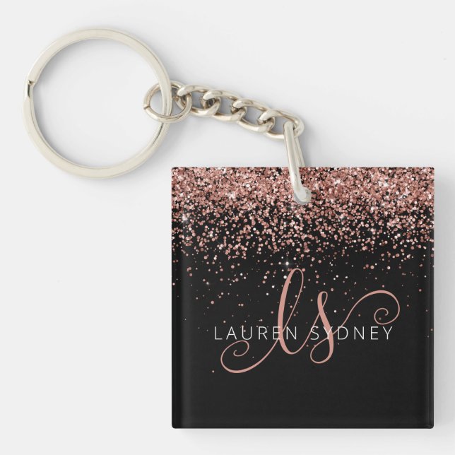 Glam Rose Gold Glitter Elegant Monogram Keychain (Front)