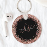 Glam Rose Gold Glitter Elegant Monogram Keychain<br><div class="desc">Glam Rose Gold Glitter Elegant Monogram Keychain,  Easily personalize this trendy chic keychain design featuring elegant rose gold sparkling glitter on a black background. The design features your handwritten script monogram with pretty swirls and your name.</div>