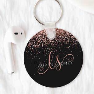 Glam Rose Gold Glitter Elegant Monogram Keychain