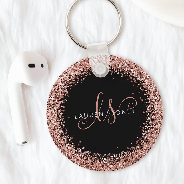 Glam Rose Gold Glitter Elegant Monogram Keychain (Creator Uploaded)