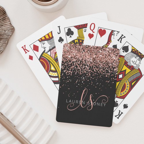 Glam Rose Gold Glitter Elegant Monogram Poker Cards