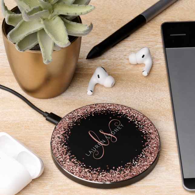 Glam Rose Gold Glitter Elegant Monogram Wireless Charger (Desk 2)
