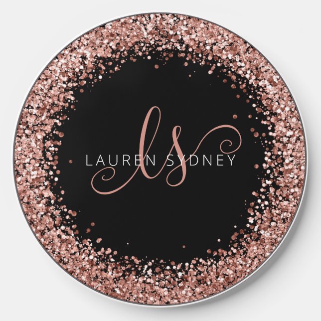 Glam Rose Gold Glitter Elegant Monogram Wireless Charger (Front)