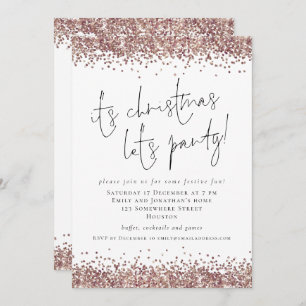 Glam Rose Gold Glitter Its Christmas Lets Party Invitation