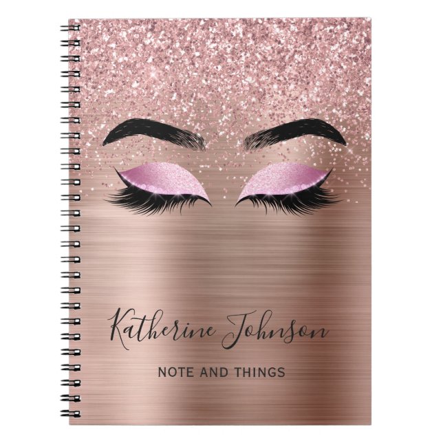 Glam Rose Gold Glitter Lashes Beauty Monogram Notebook (Front)