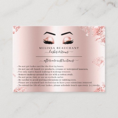 Glam Rose Gold Glitter Lashes Salon Aftercare Business Card