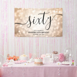 Glam Rose Gold Glitter Lights 60th Birthday Banner