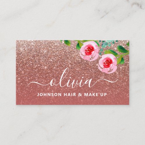 Glam Rose Gold Glitter Makeup Artist Hair Stylist Business Card