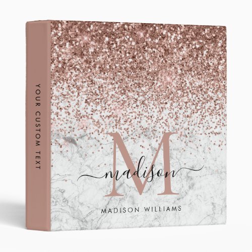 Glam Rose Gold Glitter Marble Monogram Script Name 3 Ring Binder