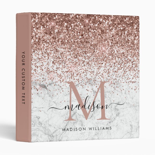 Glam Rose Gold Glitter Marble Monogram Script Name 3 Ring Binder (Front/Spine)