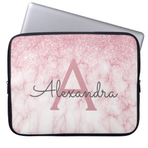 Glam Rose Gold Glitter Marble Sparkle Monogram Laptop Sleeve