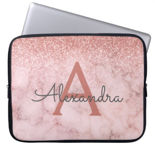 Glam Rose Gold Glitter Marble Sparkle Monogram Laptop Sleeve