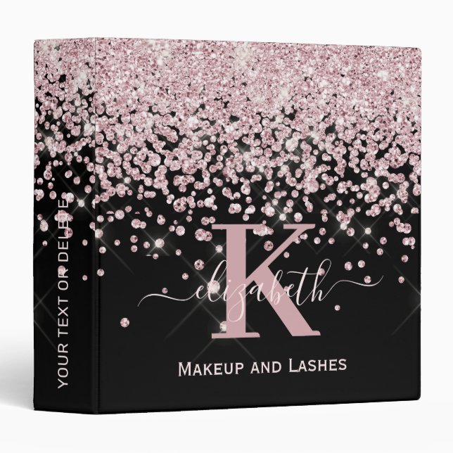 Glam Rose Gold Glitter Monogram Beauty Salon 3 Ring Binder (Front/Spine)