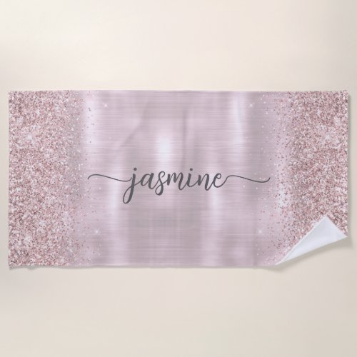 Glam Rose Gold Glitter Monogram Name Girly Script Beach Towel