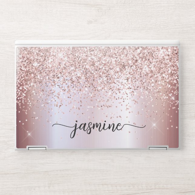 Glam Rose Gold Glitter Monogram Name Luxury Modern HP Laptop Skin (Front)