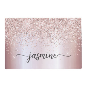 Glam Rose Gold Glitter Monogram Name Script Placemat