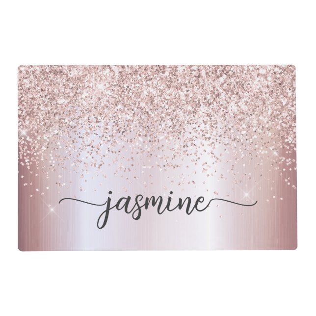 Glam Rose Gold Glitter Monogram Name Script Placemat (Front)