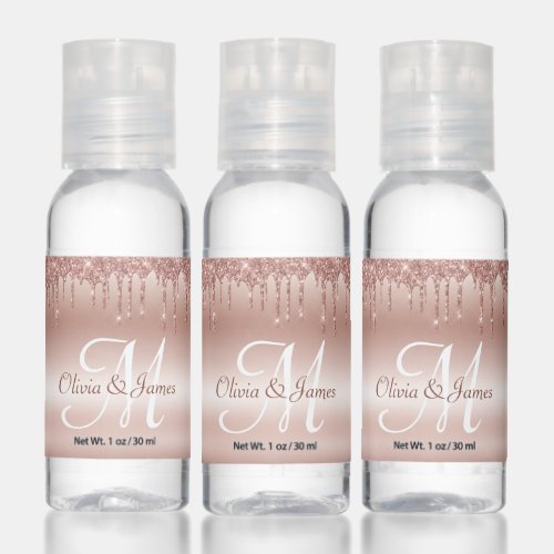 Glam Rose Gold Glitter Monogram Wedding Favor Hand Sanitizer