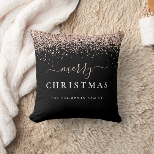 Glam Rose Gold Glitter Name Black Merry Christmas Throw Pillow