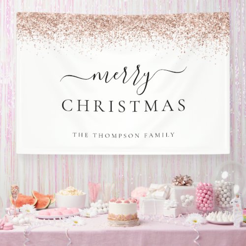 Glam Rose Gold Glitter Name White Merry Christmas Banner