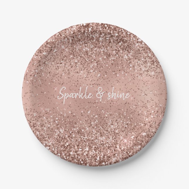 Glam Rose Gold Glitter Paper Plates (Front)