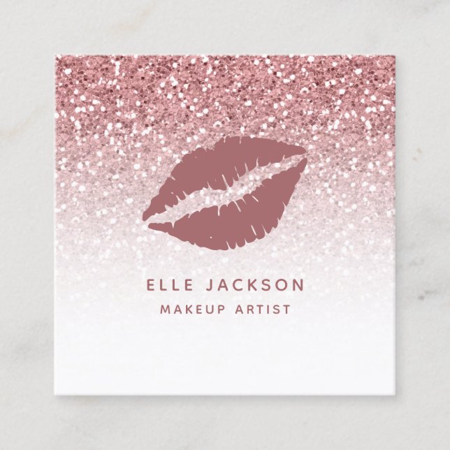Glam Rose Gold Glitter Pink Lips Makeup Artist Square Business Card (Front)