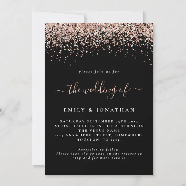 Glam Rose Gold Glitter QR Code Black Wedding Invitation | Zazzle