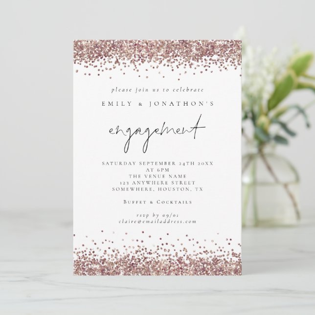 Glam Rose Gold Glitter Script Engagement Party Invitation (Standing Front)