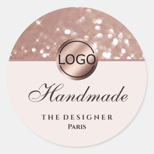 Glam Rose Gold Glitter Sparkle Stars Logo Handmade Classic Round Sticker