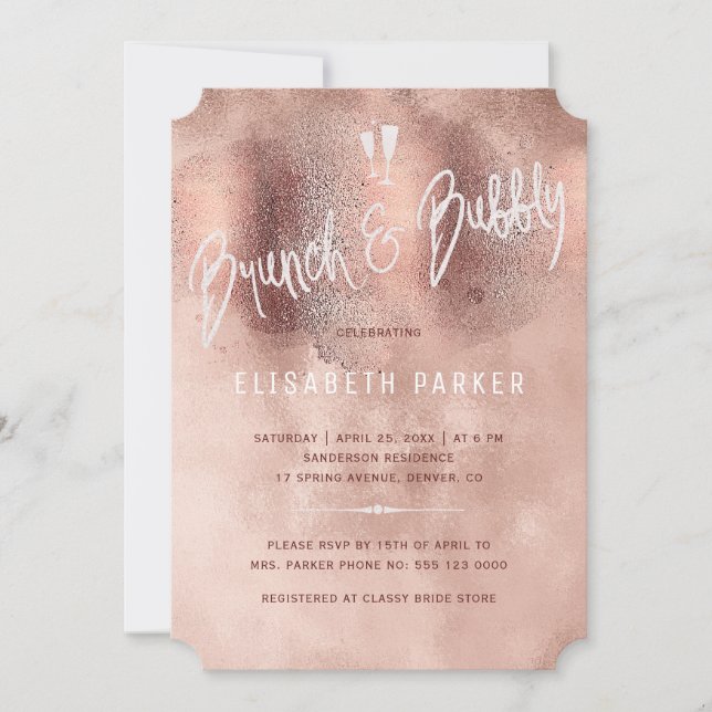 Glam rose gold glitter typography brunch & bubbly invitation (Front)
