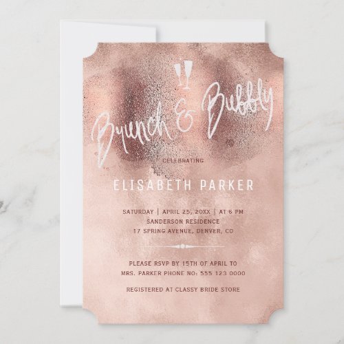 Glam rose gold glitter typography brunch  bubbly invitation