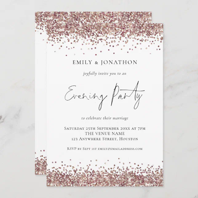 Glam Rose Gold Glitter Wedding Evening Party Invitation | Zazzle