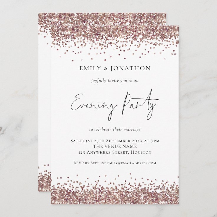 Glam Rose Gold Glitter Wedding Evening Party Invitation 