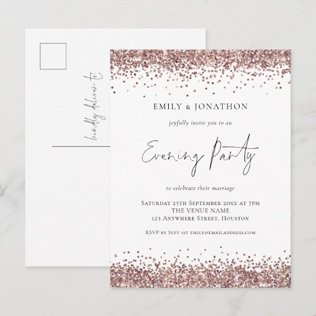 Glam Rose Gold Glitter Wedding Evening Party  Invitation Postcard (Front/Back)