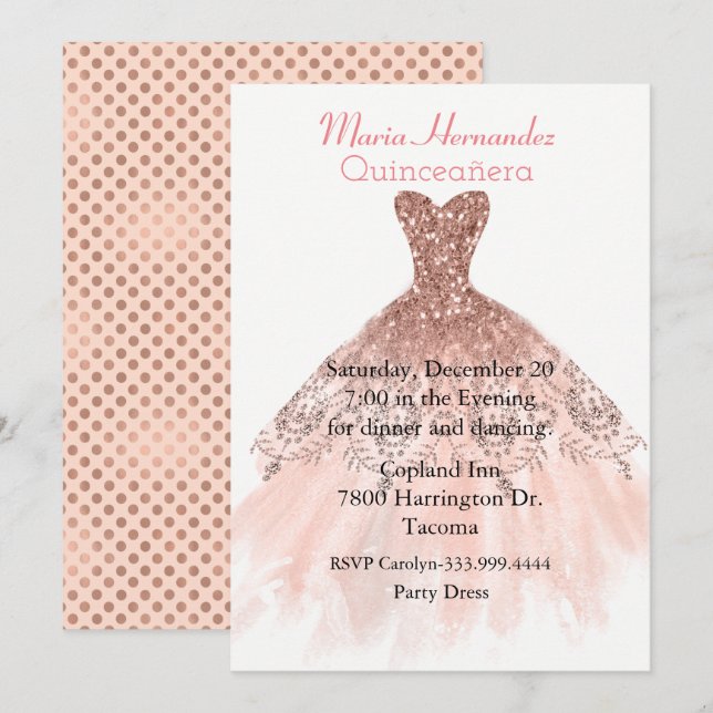 Glam Rose Gold Gown Quinceañera Invitation (Front/Back)