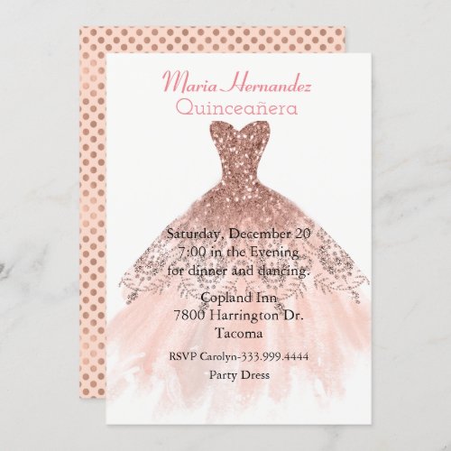 Glam Rose Gold Gown Quinceaera Invitation
