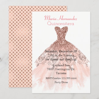 Glam Rose Gold Gown Quinceañera Invitation