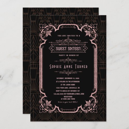 Glam Rose Gold Great Gatsby Sweet Sixteen Invitation