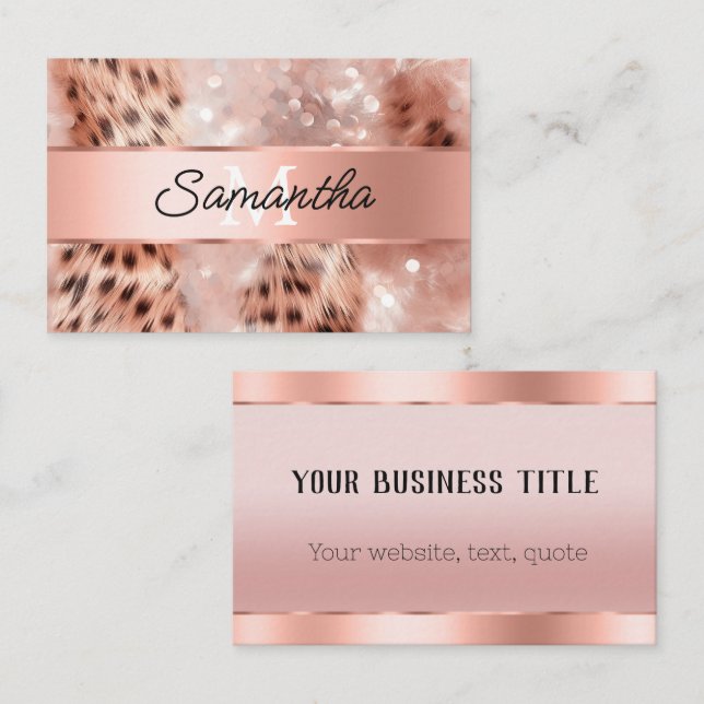 Glam Rose Gold Leopard Monogram Business Card (Front/Back)