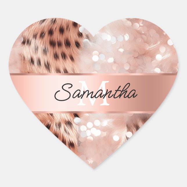 Glam Rose Gold Leopard Monogram Heart Sticker (Front)