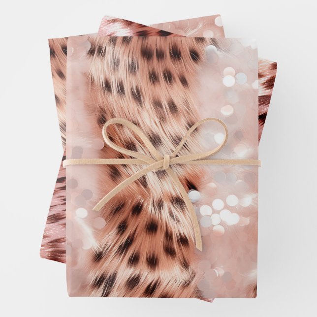 Glam Rose Gold Leopard Wedding Wrapping Paper Sheets (In situ)