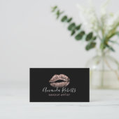 Glam Rose Gold Lips Makeup Artist Plain Black Business Card (Standing Front)