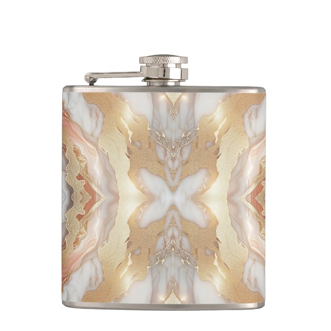 Glam Rose Gold Luxurious Trendy Marble Butterfly Flask (Front)