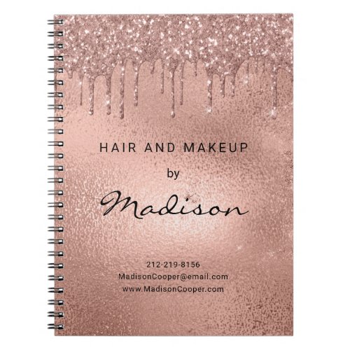 Glam Rose Gold Metal Glitter Drip Hair And Makeup Notebook
