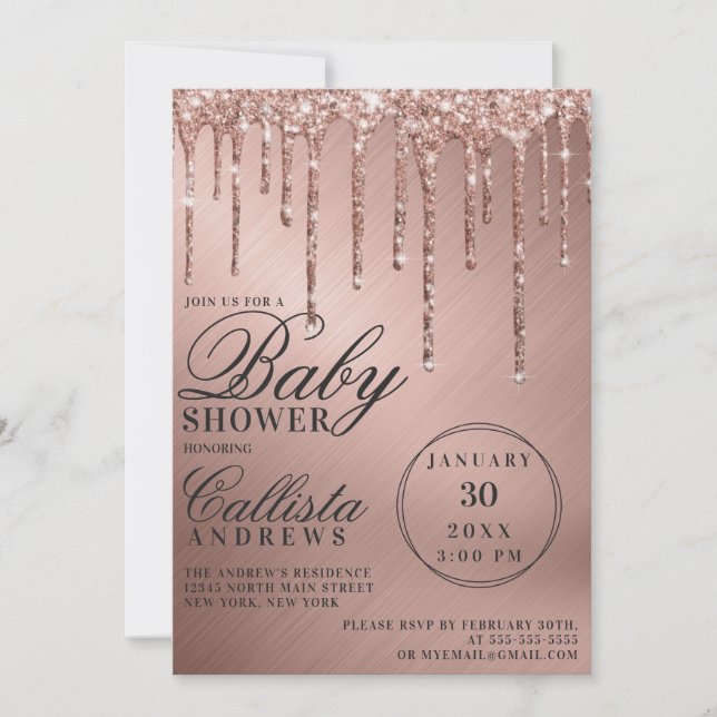 Glam Rose Gold Metallic Glitter Drips Baby Shower Invitation (Front)