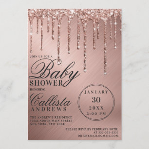Glam Rose Gold Metallic Glitter Drips Baby Shower Invitation