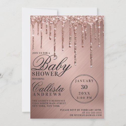 Glam Rose Gold Metallic Glitter Drips Baby Shower Invitation