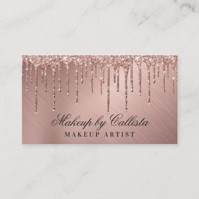 Glam Rose Gold Metallic Glitter Drips Makeup Business Card (Front)